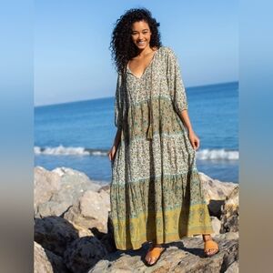 NATURAL LIFE Floral Boho Sundress in Cream, Olive & Teal Small